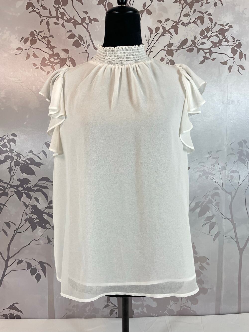 1.STATE Smocked High Neck Flutter Sleeve Chiffon Blouse Ivory White Size M Work